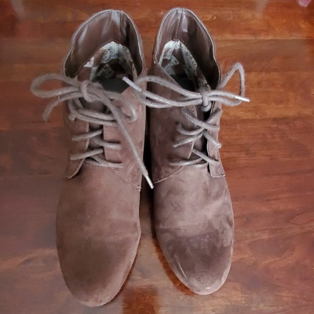 Brown wedge booties